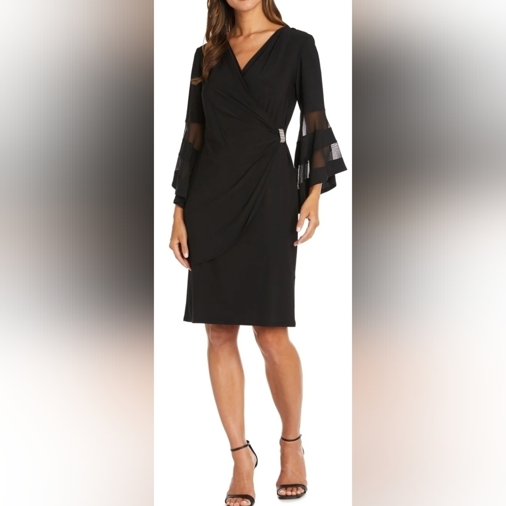R&M Richards Wraparound Knee-Length Dress with Bell Sleeves BLACK sz 8
